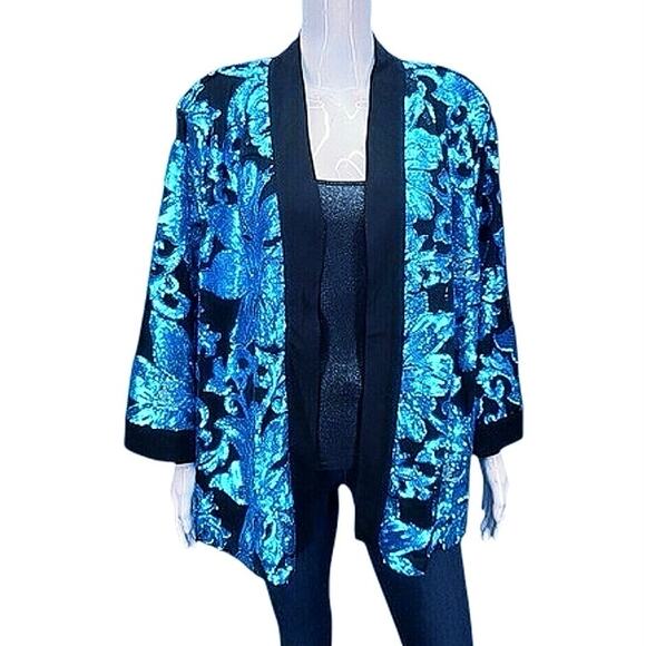 Bob Mackie Wearable Art Turqouise Sequin Kimono Cardigan - L - Picture 1 of 5